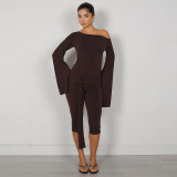EVE Off Shoulder Flare Sleeve Two Piece Pants Set MXBF-Y26ST279