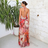 EVE V Neck Print Backless Split Maxi Dress XEF-K6D11504A