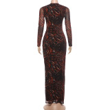EVE Long Sleeve Print Tie Up Split Maxi Dress XEF-K6D13727A