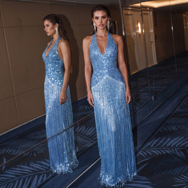 EVE Halterneck Sequin Tassel Maxi Dress XEF-K6D11483A