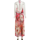 EVE V Neck Print Backless Split Maxi Dress XEF-K6D11504A