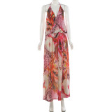 EVE V Neck Print Backless Split Maxi Dress XEF-K6D11504A