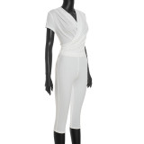 EVE V Neck Solid Color Ruched Two Piece Pants Set GDSF-J26ST316
