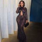 EVE Long Sleeve Halterneck Print Maxi Dress GJYO-JD305665