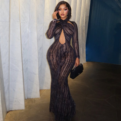 EVE Long Sleeve Halterneck Print Maxi Dress GJYO-JD305665