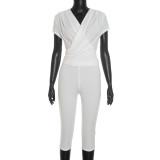 EVE V Neck Solid Color Ruched Two Piece Pants Set GDSF-J26ST316