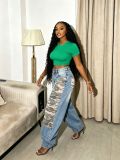 EVE Plus Size Camouflage Patchwork Holes Loose Jeans GYLN-3110