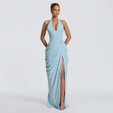 EVE Solid Color Halterneck Ruched Split Maxi Dress DLSF-K6D12157A