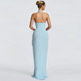 EVE Solid Color Halterneck Ruched Split Maxi Dress DLSF-K6D12157A