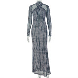EVE Long Sleeve Halterneck Print Maxi Dress GJYO-JD305665