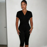 EVE V Neck Solid Color Ruched Two Piece Pants Set GDSF-J26ST316