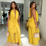 EVE Solid Color Halterneck Top Wide Leg Pants Suit GXRF-QC172