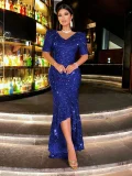 EVE V Neck Sequin Backless Evening Dress GXRF-QC169