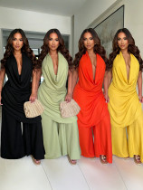 EVE Solid Color Halterneck Top Wide Leg Pants Suit GXRF-QC172