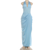EVE Solid Color Halterneck Ruched Split Maxi Dress DLSF-K6D12157A