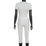EVE V Neck Solid Color Ruched Two Piece Pants Set GDSF-J26ST316