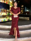 EVE V Neck Sequin Backless Evening Dress GXRF-QC169