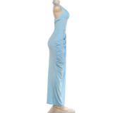 EVE Solid Color Halterneck Ruched Split Maxi Dress DLSF-K6D12157A