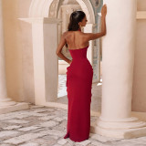 EVE Solid Color Halterneck Ruched Split Maxi Dress DLSF-K6D12157A