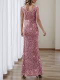 EVE Sequined Slit V-Neck Beaded Evening Dress GXRF-171