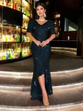 EVE V Neck Sequin Backless Evening Dress GXRF-QC169