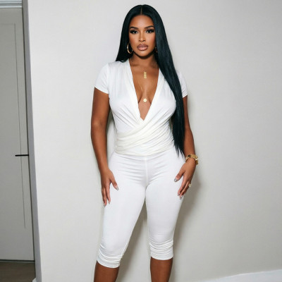 EVE V Neck Solid Color Ruched Two Piece Pants Set GDSF-J26ST316