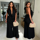 EVE Solid Color Halterneck Top Wide Leg Pants Suit GXRF-QC172