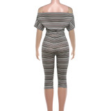 EVE Off Shoulder Stripe Skinny Fifth Pant Suit DLSF-K6S12990A