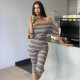 EVE Off Shoulder Stripe Skinny Fifth Pant Suit DLSF-K6S12990A