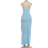 EVE Solid Color Halterneck Ruched Split Maxi Dress DLSF-K6D12157A
