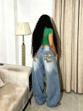 EVE Plus Size Camouflage Patchwork Holes Loose Jeans GYLN-3110