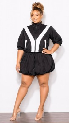 EVE Color Block Zipper Coat Flower Bud Shorts 2 Piece Set LSD-2897