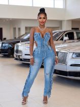 EVE Fashion Denim Tassel Sling Jumpsuit LX-3595