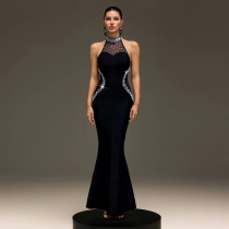 EVE Halterneck Hot Drill Mesh Maxi Dress BY-7737