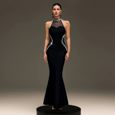EVE Halterneck Hot Drill Mesh Maxi Dress BY-7737