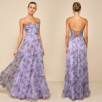 EVE Floral-Print Pleated Chiffon Maxi Dress  BY-7751