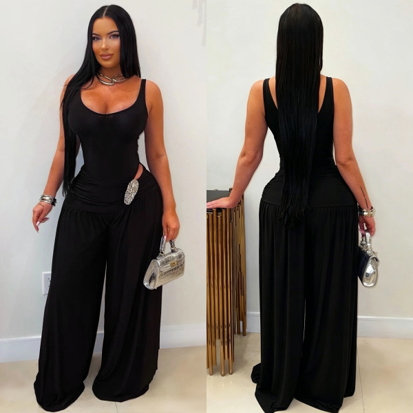 EVE U Neck Solid Color Wide Leg Jumpsuit BY-7779