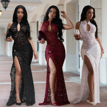 EVE Lace Hollow Out Split Maxi Dress BY-7641