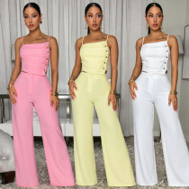 EVE Solid Color Ruched Sling Top Wide Leg Pants Suit BY-7739