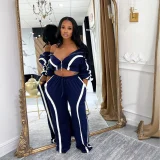 EVE Contrast Color Long Sleeve Sport Two Piece Pants Set QYMF-3092