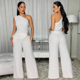 EVE Solid Color Slash Shoulder Two Piece Pants Set BY-7736