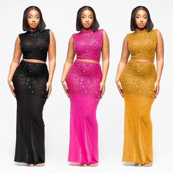 EVE Hot Drrill Mesh Sleeveless Two Piece Skirts Set BY-7580