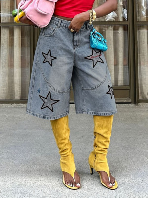 EVE Plus Size Star-Pattern Embroidered Washed Seventh Jeans GYLN-7711