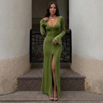 EVE Flare Long Sleeve Deep V Neck Maxi Dress GPKJ-MR27085