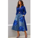 EVE Plus Size Wash Flower Print High Waisted Denim Long Skirt GAKF-60519
