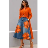 EVE Plus Size Wash Flower Print High Waisted Denim Long Skirt GAKF-60519