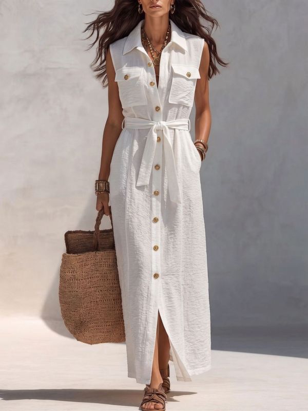 EVE Sleeveless Single Breasted Shirt Dress(With Belt) GWDS-260615