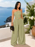 EVE Solid Color Wrap Chest Top Wide Leg Pants Suit ZSD-0785