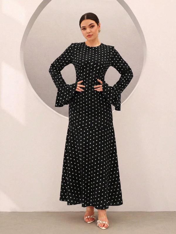EVE Polka Dot Print Long Sleeve Maxi Dress GSRX-986
