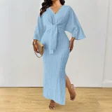 EVE Plus Size Solid Color Knits Lace Up Maxi Dress HNIF-DGY229